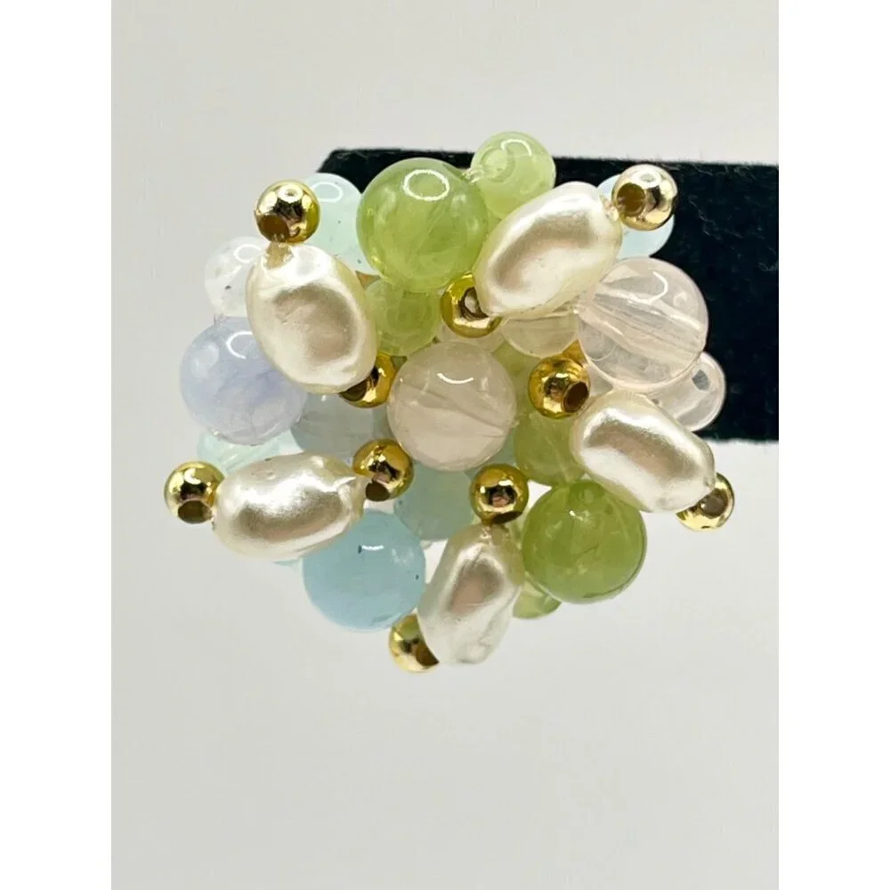 Vintage Beaded Cluster Stud Earrings Blue Green Cream Whimsical Pastel Fairycore